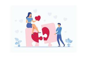 joven y mujer sosteniendo pedazos de corazón que coinciden. partido de pareja de amor. día de San Valentín. alma gemela. rompecabezas del corazón. fecha o cita a ciegas, ilustración moderna de vector plano