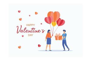 Valentine's Day postcard with people and pink flying balloons on white background. Romantic poster, flat vector modern illustration