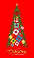 feliz navidad y feliz año nuevo hoja de pino rojo forma de árbol bola de oro estrellas caja de regalo en diseño negro para el festival de vacaciones celebración vector de fondo