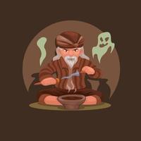 dukun también conocido como paranormal indonesio haciendo vector de ilustración de dibujos animados rituales