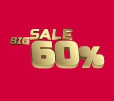 Big sale 60 percent 3Ds Letter Golden, 3Ds Level Gold color, big sales 3D, Percent on red color background, and can use as gold 3Ds letter for levels, calculated level, vector illustration.