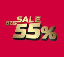 Big sale 55 percent 3Ds Letter Golden, 3Ds Level Gold color, big sales 3D, Percent on red color background, and can use as gold 3Ds letter for levels, calculated level, vector illustration.
