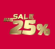 Big sale 25 percent 3Ds Letter Golden, 3Ds Level Gold color, big sales 3D, Percent on red color background. vector