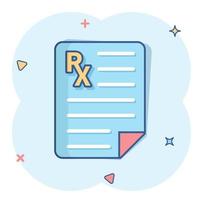 Prescription icon in comic style. Rx document cartoon vector illustration on white isolated background. Paper splash effect business concept.