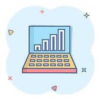Laptop chart icon in comic style. SEO data cartoon vector illustration on white isolated background. Computer diagram splash effect business concept.