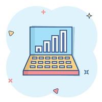 Laptop chart icon in comic style. SEO data cartoon vector illustration on white isolated background. Computer diagram splash effect business concept.