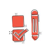 Checklist document icon in comic style. Survey cartoon vector illustration on white isolated background. Check mark choice splash effect business concept.