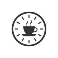 icono de pausa para el café en estilo plano. reloj con ilustración de vector de taza de té sobre fondo blanco aislado. concepto de negocio de la hora del desayuno.