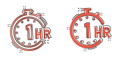 1 hour clock icon in comic style. Timer countdown cartoon vector illustration on isolated background. Time measure splash effect sign business concept.