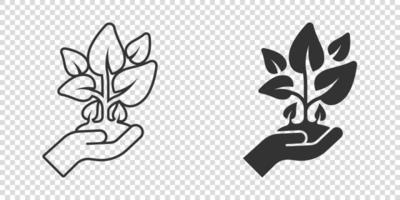 Hand with plant icon in flat style. Flower sprout vector illustration on white isolated background. Environmental protection sign business concept.