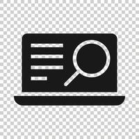 Computer search icon in flat style. Laptop with magnifying glass vector illustration on white isolated background. Device display business concept.