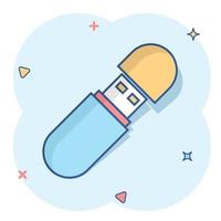 Usb drive icon in comic style. Flash disk vector cartoon illustration on white isolated background. Digital memory splash effect business concept.