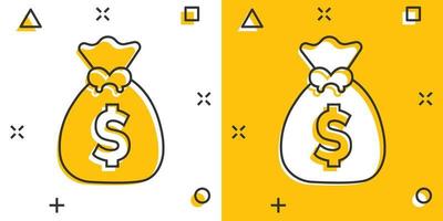 Money bag icon in comic style. Moneybag cartoon vector illustration on isolated background. Coin sack splash effect sign business concept.