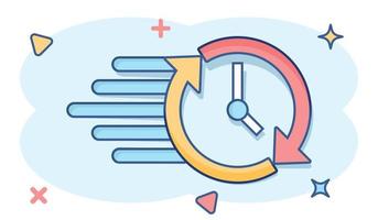 Clock countdown icon in comic style. Time chronometer vector cartoon illustration pictogram. Clock business concept splash effect.