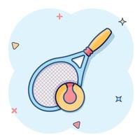 icono de raqueta de tenis en estilo cómico. Ilustración de vector de dibujos animados de raqueta de juego sobre fondo aislado. concepto de negocio de signo de efecto de salpicadura de actividad deportiva.