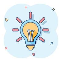 Vector cartoon light bulb icon in comic style. Lighting electric sign illustration pictogram. Idea lightbulb business splash effect concept.