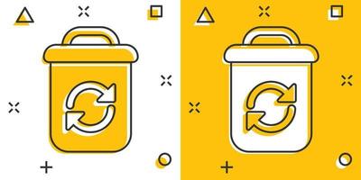 Garbage bin icon in comic style. Recycle cartoon vector illustration on white isolated background. Trash basket splash effect sign business concept.