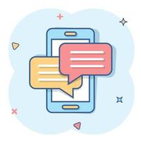 Mobile phone chat sign icon in comic style. Message notifications vector cartoon illustration on white isolated background. Smartphone text business concept splash effect.