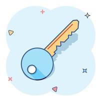 Vector cartoon key icon in comic style. Unlock sign illustration pictogram. Private secure key business splash effect concept.