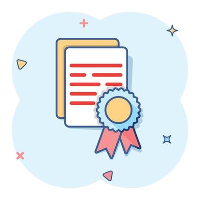 Vector cartoon certificate icon in comic style. Diploma sign illustration pictogram. Certificate document business splash effect concept.