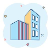 Building icon in comic style. Skyscraper cartoon vector illustration on white isolated background. Architecture splash effect business concept.