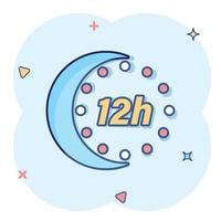 12 hour clock icon in comic style. Timer countdown cartoon vector illustration on isolated background. Time measure splash effect sign business concept.