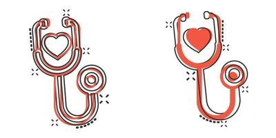 Stethoscope icon in comic style. Heart diagnostic cartoon vector illustration on isolated background. Medicine splash effect sign business concept.