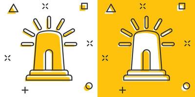 ícono de alarma de emergencia en estilo cómico. ilustración de vector de dibujos animados de lámpara de alerta sobre fondo aislado. concepto de negocio de signo de efecto de salpicadura de urgencia policial.