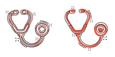 Stethoscope icon in comic style. Heart diagnostic cartoon vector illustration on isolated background. Medicine splash effect sign business concept.