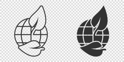 Planet and leaf icon in flat style. World and eco vector illustration on white isolated background. Globe and organic business concept.