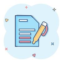 Blogging icon in comic style. Document with pen cartoon vector illustration on white isolated background. Content splash effect business concept.