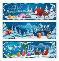 Santa Claus, Christmas gifts and reindeer sleigh vector