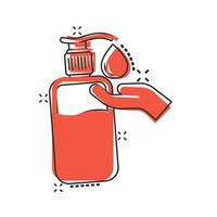 icono de desinfectante de manos en estilo cómico. ilustración de vector de dibujos animados de botella antiséptica sobre fondo aislado. desinfecte el concepto de negocio de signo de efecto de salpicadura de gel.