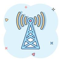 Antenna tower icon in comic style. Broadcasting cartoon vector illustration on white isolated background. Wifi splash effect business concept.