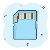 icono de tarjeta micro sd en estilo cómico. ilustración de dibujos animados de vector de chip de memoria sobre fondo blanco aislado. efecto de salpicadura de concepto de negocio de adaptador de almacenamiento.