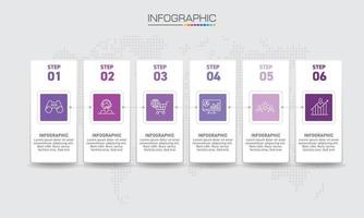 diseño de infografías Se pueden utilizar 6 pasos con iconos de marketing para diseño de flujo de trabajo, diagrama, informe anual, diseño web. vector