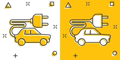 icono de coche eléctrico en estilo cómico. ilustración de vector de dibujos animados electro auto sobre fondo blanco aislado. concepto de negocio de efecto de salpicadura de transporte ecológico.