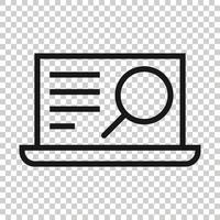 Computer search icon in flat style. Laptop with magnifying glass vector illustration on white isolated background. Device display business concept.