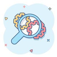 Loupe with gear icon in comic style. Magnifying glass cartoon vector illustration on white isolated background. Seo exploration splash effect business concept.