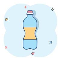 Water bottle icon in comic style. Plastic soda bottle vector cartoon illustration pictogram. Liquid water business concept splash effect.