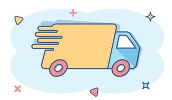 Vector cartoon truck, car icon in comic style. Fast delivery service shipping sign illustration pictogram. Car van business splash effect concept.