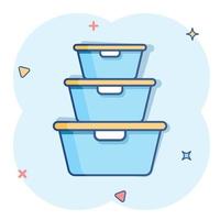 Food container icon in comic style. Kitchen bowl vector cartoon illustration pictogram. Plastic container box business concept splash effect.