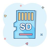 Micro SD card icon in comic style. Memory chip vector cartoon illustration on white isolated background. Storage adapter business concept splash effect.