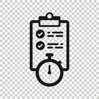 Document witch clock icon in flat style. Checklist survey vector illustration on white isolated background. Fast service business concept.