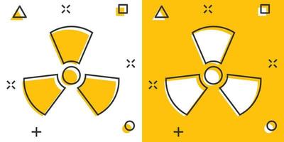 icono de radiación nuclear en estilo cómico. ilustración de vector de dibujos animados de radiactividad sobre fondo blanco aislado. concepto de negocio de signo de efecto de salpicadura tóxica.