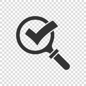 Check mark with magnifying glass icon in flat style. Loupe accept vector illustration on white isolated background. Search checklist business concept.