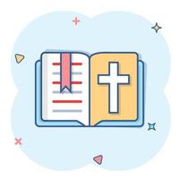 Bible book icon in comic style. Church faith cartoon vector illustration on white isolated background. Spirituality splash effect business concept.