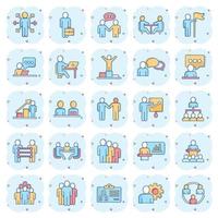 Business communication icon set in comic style. Team structure cartoon vector illustration on white isolated background. Office teamwork splash effect business concept.
