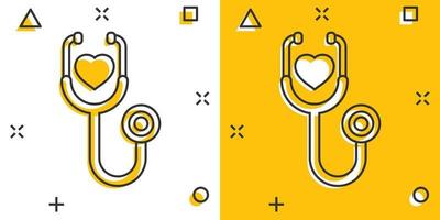 icono de estetoscopio en estilo cómico. ilustración de vector de dibujos animados de diagnóstico de corazón sobre fondo aislado. concepto de negocio de signo de efecto de salpicadura de medicina.