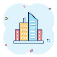 icono de construcción en estilo cómico. ciudad rascacielos apartamento dibujos animados vector ilustración sobre fondo blanco aislado. concepto de negocio de efecto de salpicadura de torre de la ciudad.